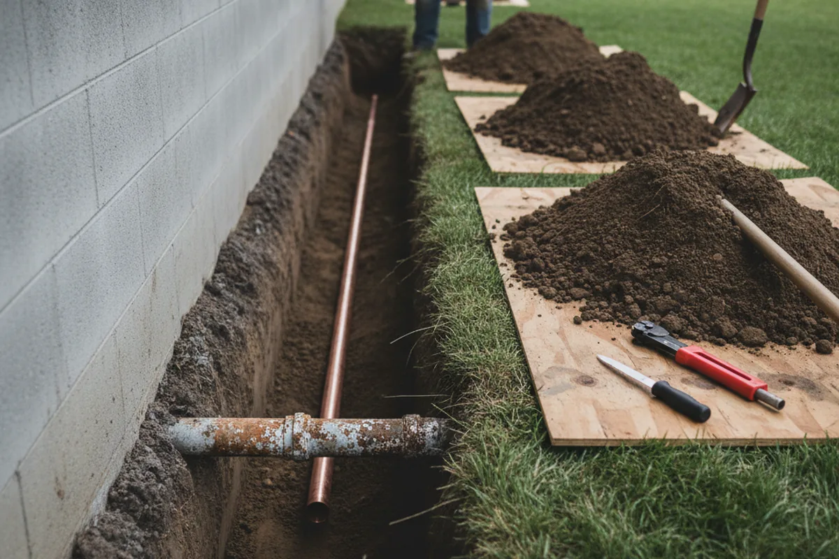 Excavated water line trench during Water Heater Repair in Logan